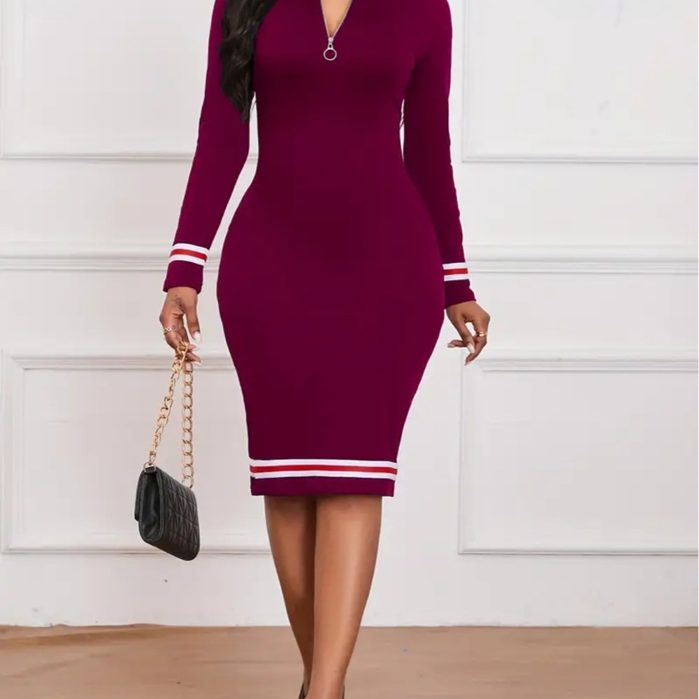 Red V-Neck Bodycon Dress with Cuffed Long Sleeves